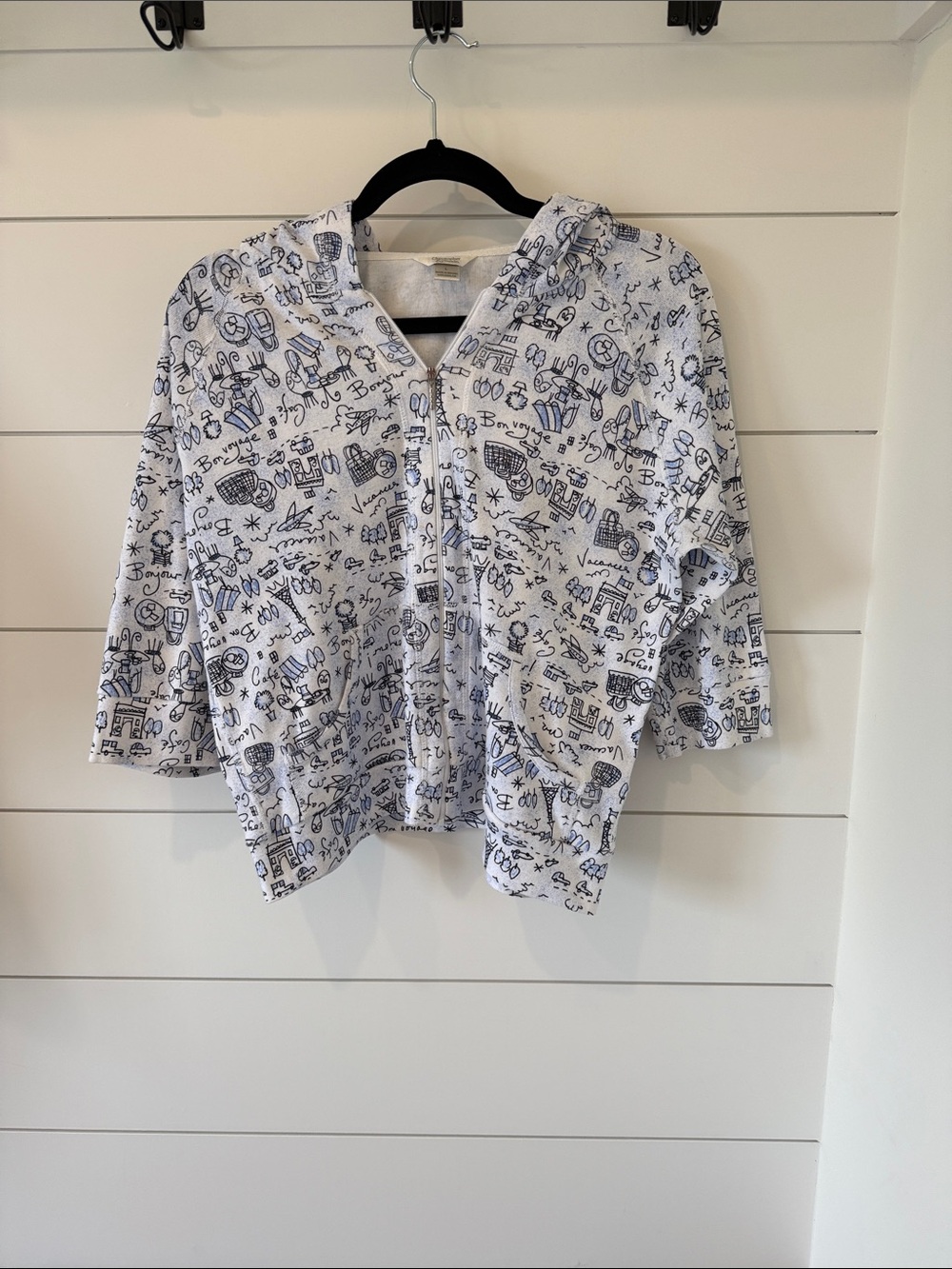 Lightweight White & Navy Printed Zip Hoodie for Women